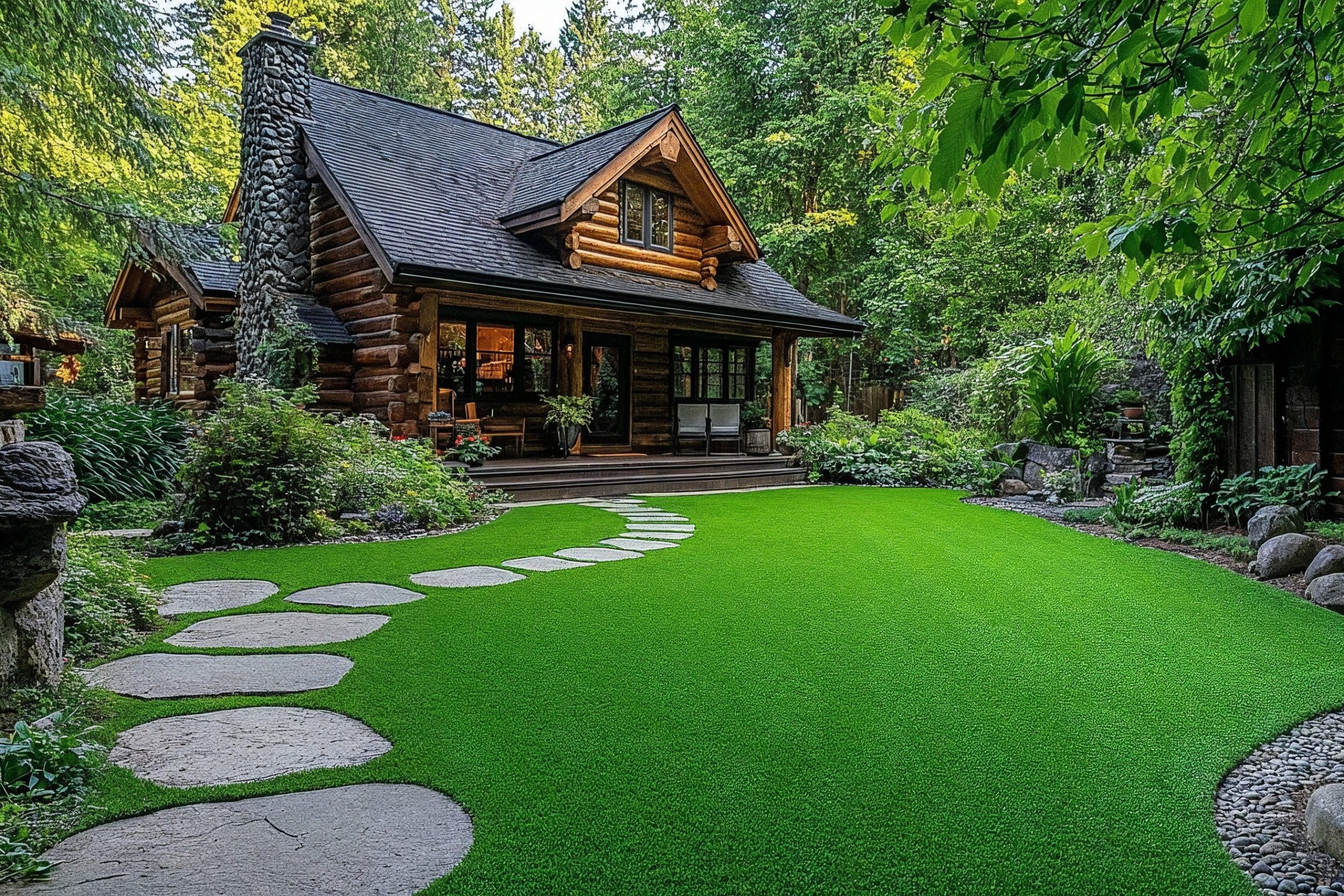 A cozy log cabin with a stone chimney is surrounded by lush greenery. A vibrant green lawn features a winding stone path leading to the front porch, set in a peaceful wooded area.