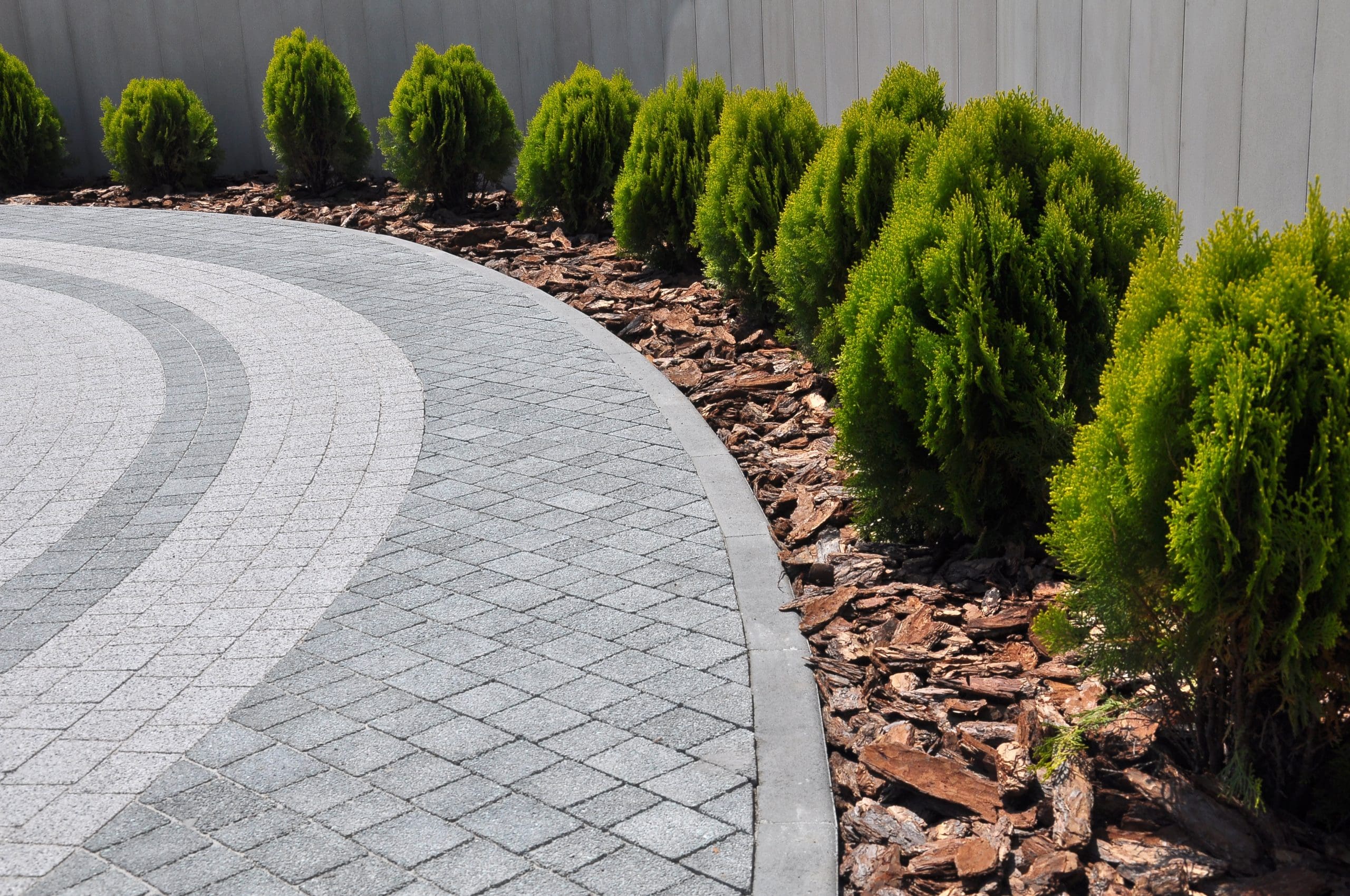 A curved paved walkway with a geometric pattern is bordered by small, neatly trimmed green shrubs planted in a mulch-covered bed along a plain white wall.