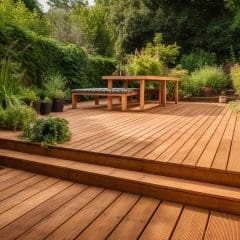 A wooden deck with a dining table and benches surrounded by lush greenery and potted plants. Steps lead down to the garden, creating a tranquil outdoor space with abundant vegetation and natural light.