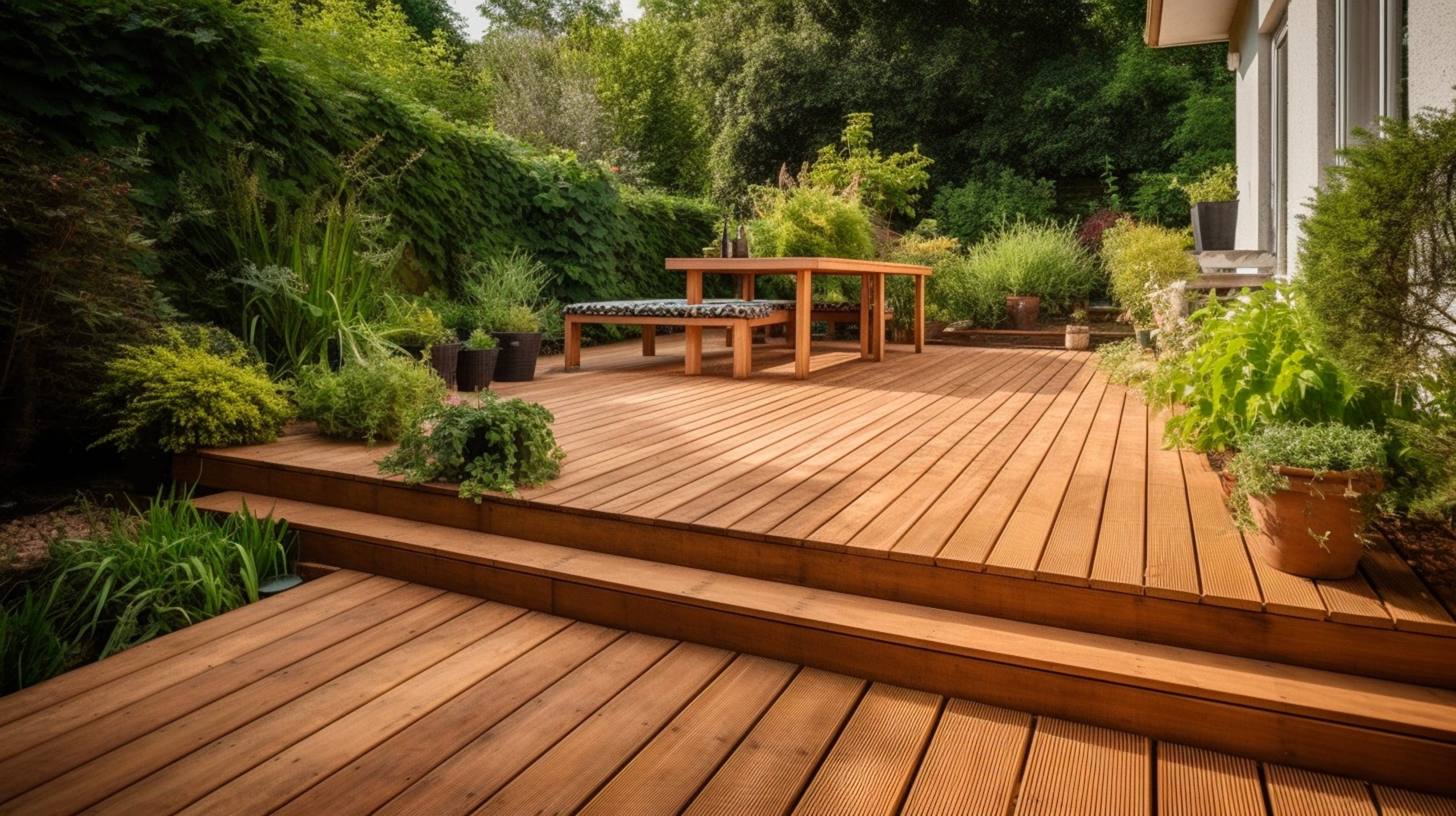 A wooden deck with a dining table and benches surrounded by lush greenery and potted plants. Steps lead down to the garden, creating a tranquil outdoor space with abundant vegetation and natural light.