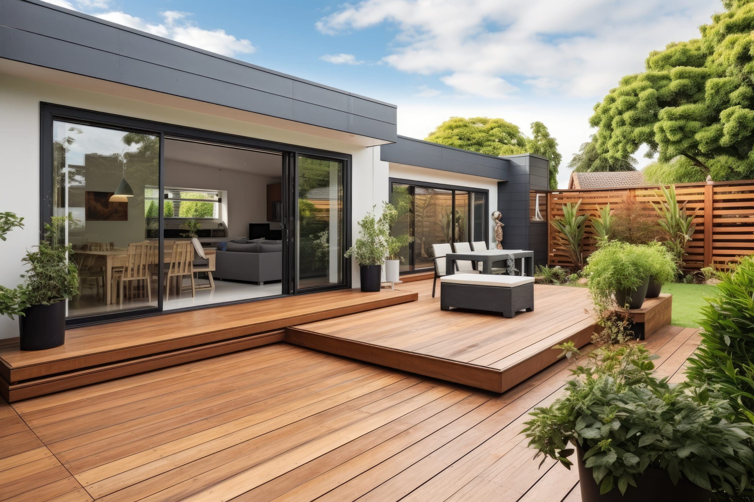 A modern house features large glass sliding doors opening onto a wooden deck with potted plants and outdoor furniture. The background includes a lush garden with trees under a partly cloudy sky.