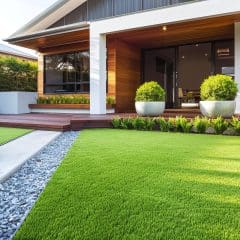 Modern house exterior with a wooden deck and open sliding doors leading to a living area. The yard features a well-manicured lawn, two large potted plants, and a decorative rock-filled trench. Tall shrubs line the edge, enhancing the greenery.