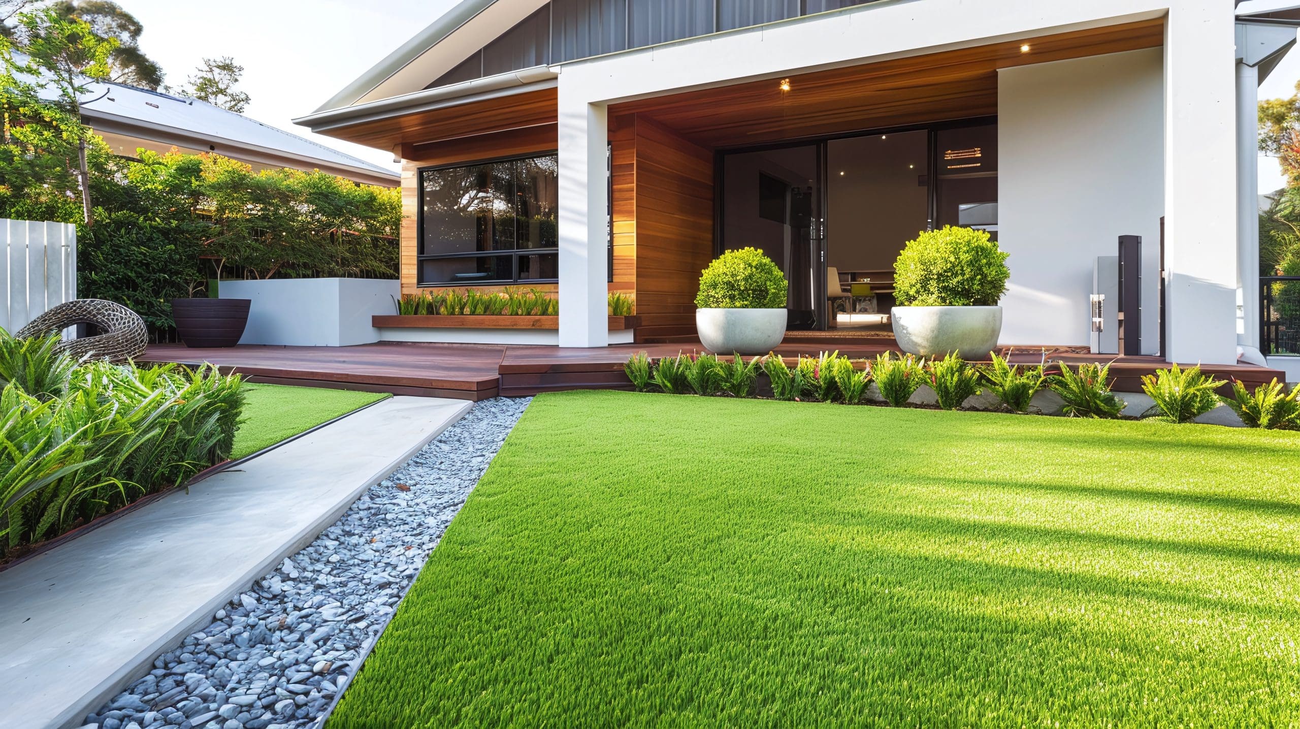 Modern house exterior with a wooden deck and open sliding doors leading to a living area. The yard features a well-manicured lawn, two large potted plants, and a decorative rock-filled trench. Tall shrubs line the edge, enhancing the greenery.