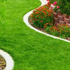 A well-maintained garden features a lush green lawn with curved stone borders. On one side, vibrant orange and red flowers bloom near a raised brick flower bed, adding a touch of color and charm to the landscape.