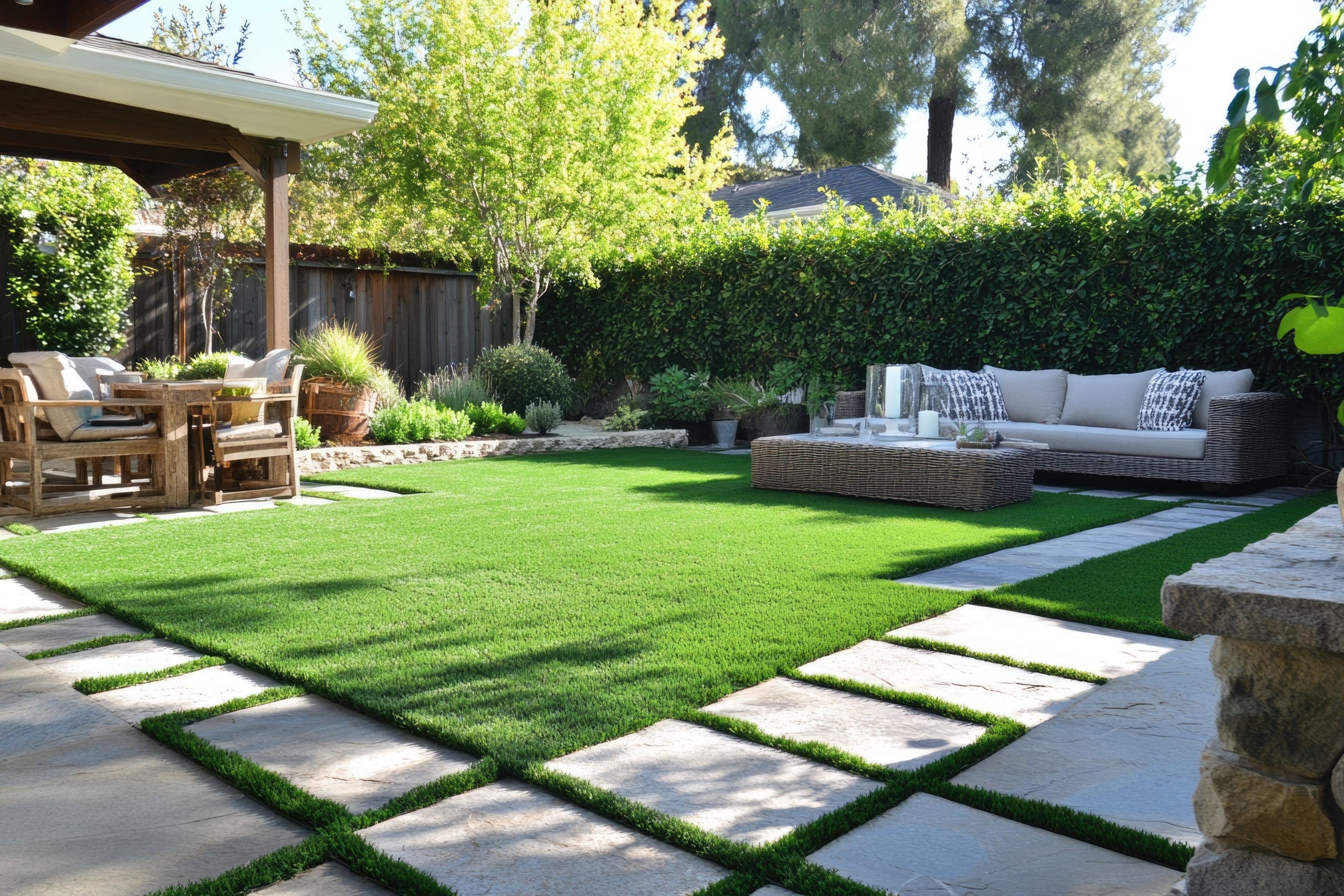 A backyard patio with a seating area featuring a wicker sofa and table, surrounded by lush greenery. There's a large, grassy area with stone pathways, and a wooden dining table with chairs under a wooden pergola.