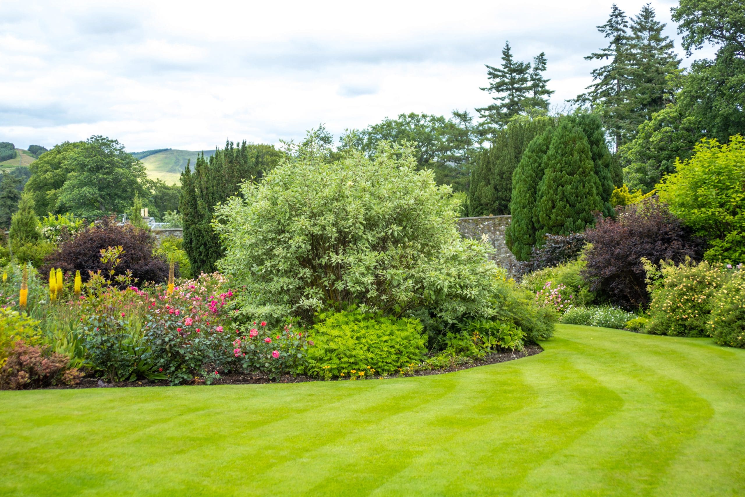 A lush garden with vibrant flower beds and various shrubs. A neatly mowed green lawn in the foreground curves around the plants. Tall trees stand in the background against a cloudy sky, completing the tranquil landscape.