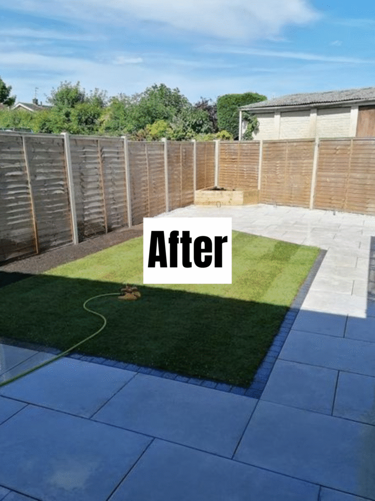 A tidy backyard with a square lawn bordered by small black tiles, surrounded by light gray paving stones, wooden fences, and a wooden planter box in the corner. The word “After” appears in bold on the image.