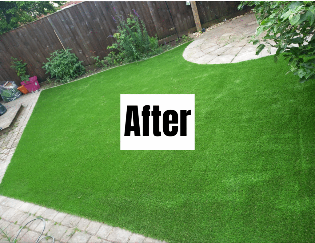 A backyard with bright, neatly installed artificial grass and a paved patio area. The word "After" is written in bold text across the center of the image.
