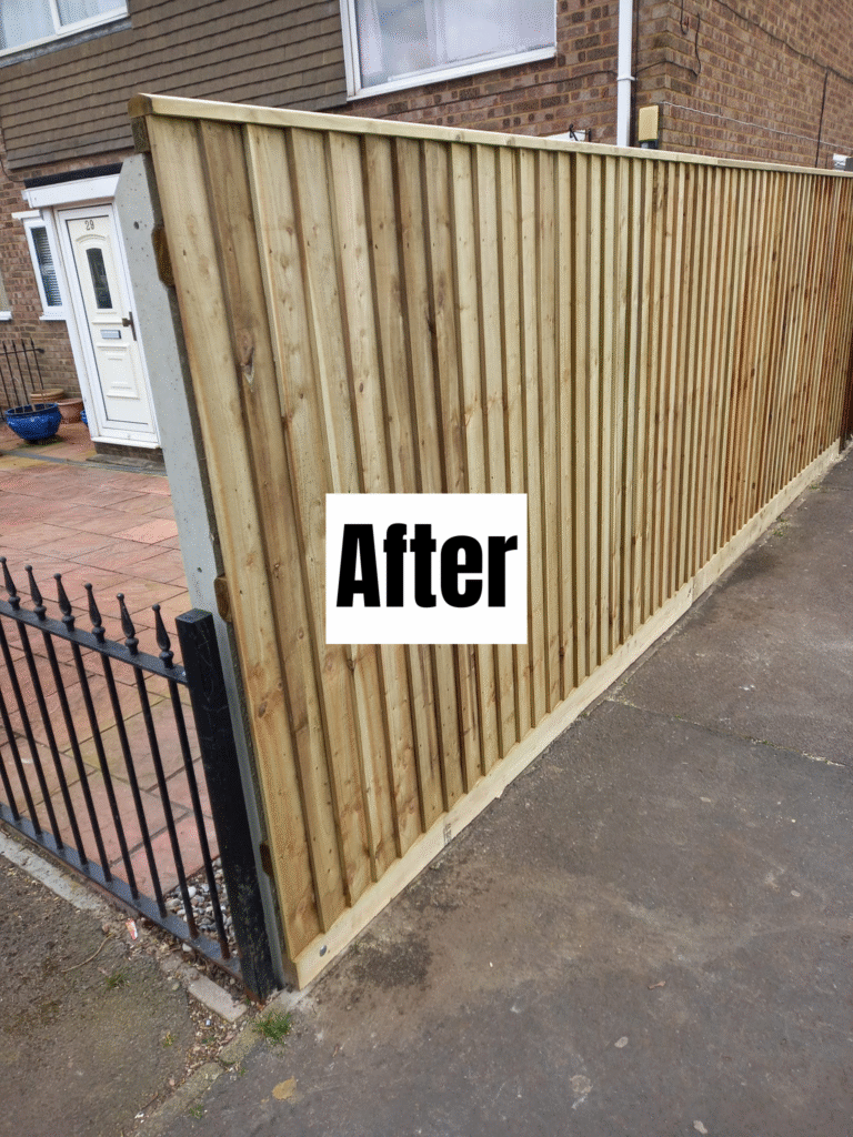 A new wooden fence is installed along the edge of a property next to a sidewalk. A large sign reading "After" is placed on the fence, indicating it is part of a before-and-after comparison.