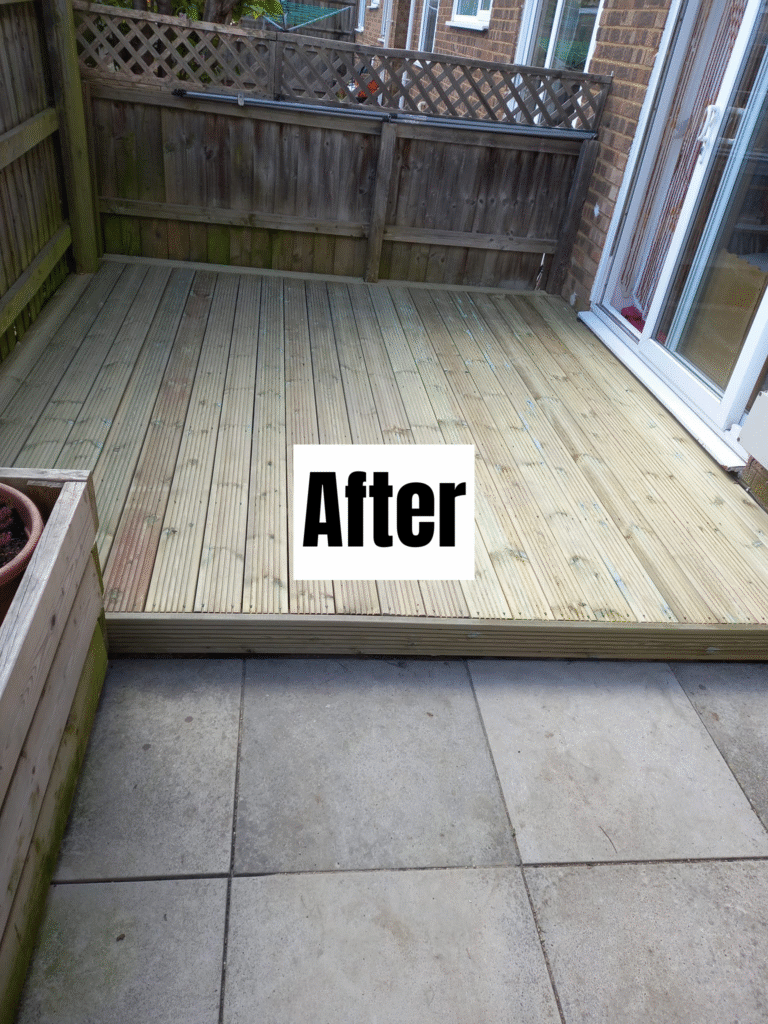 A wooden deck with clean, new boards is shown in a fenced backyard next to a house with glass doors. A sign with the word "After" is placed on the deck, indicating recent improvements.