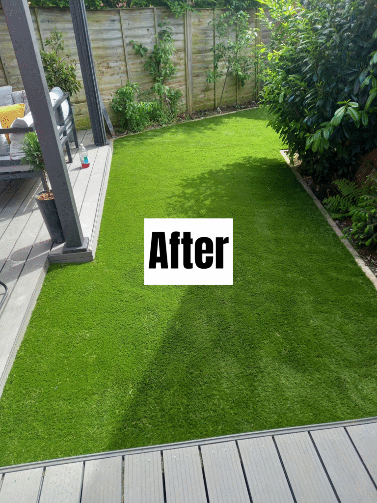 A fresh, green artificial lawn neatly installed in a small backyard garden with a deck, outdoor seating area, and plants along the fence. The word "After" is centered on the grass.
