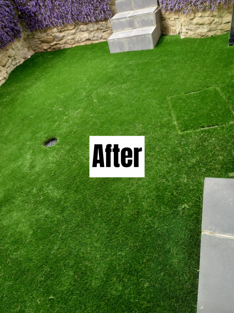 A garden with neat, bright green artificial grass, stone steps, and stone walls. The word "After" is centered on the image, suggesting a makeover or landscaping has been completed.