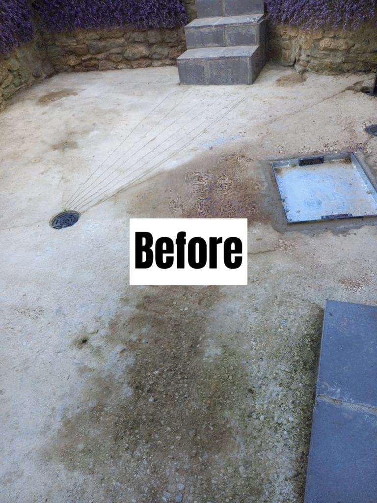 A bare concrete patio with a few patches of dirt and moss, stone steps, and a drain; a large label reading "Before" is centered in the image.