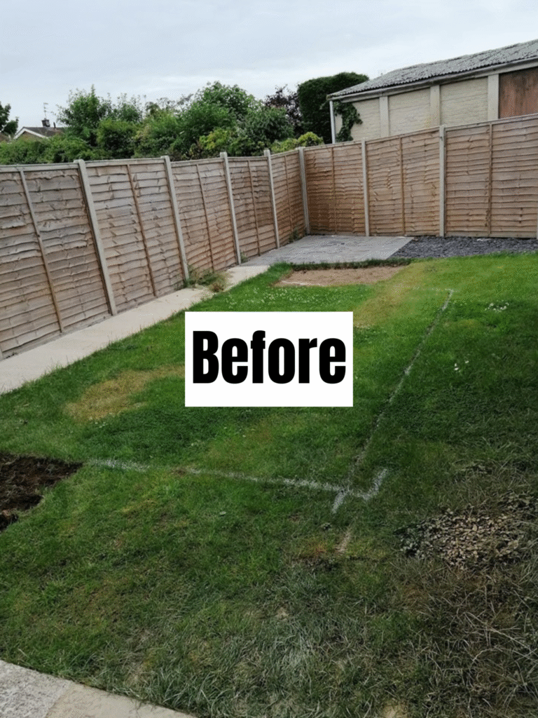 A fenced backyard with patchy grass and marked white lines on the lawn, indicating an area to be worked on; the word "Before" is written in bold on the image.