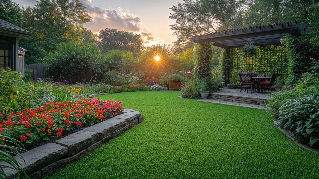 A landscaped backyard garden at sunset, with lush green grass, vibrant flower beds, and a pergola with a dining set. Sunlight filters through trees, creating a peaceful and inviting outdoor space.