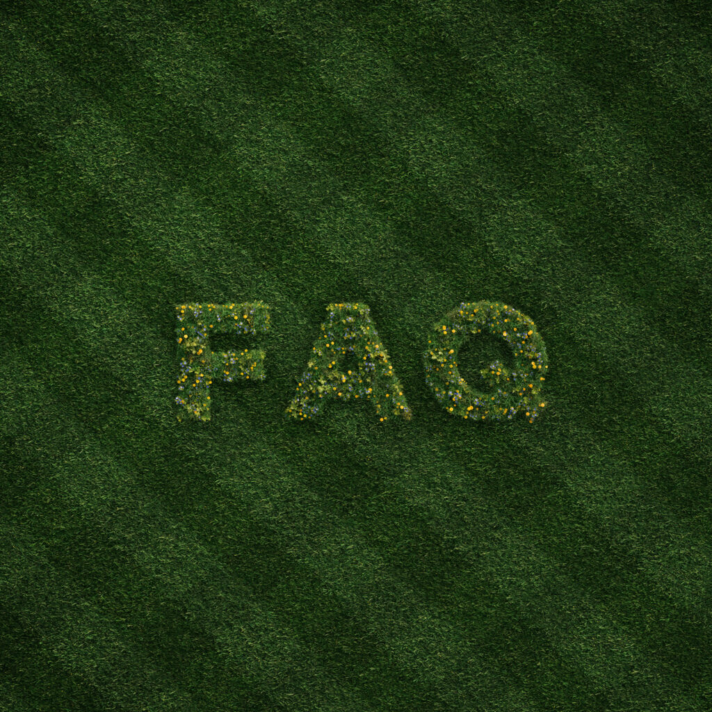FAQ" spelled out on grass with small colorful flowers, set against a background of neatly mowed, striped green lawn.