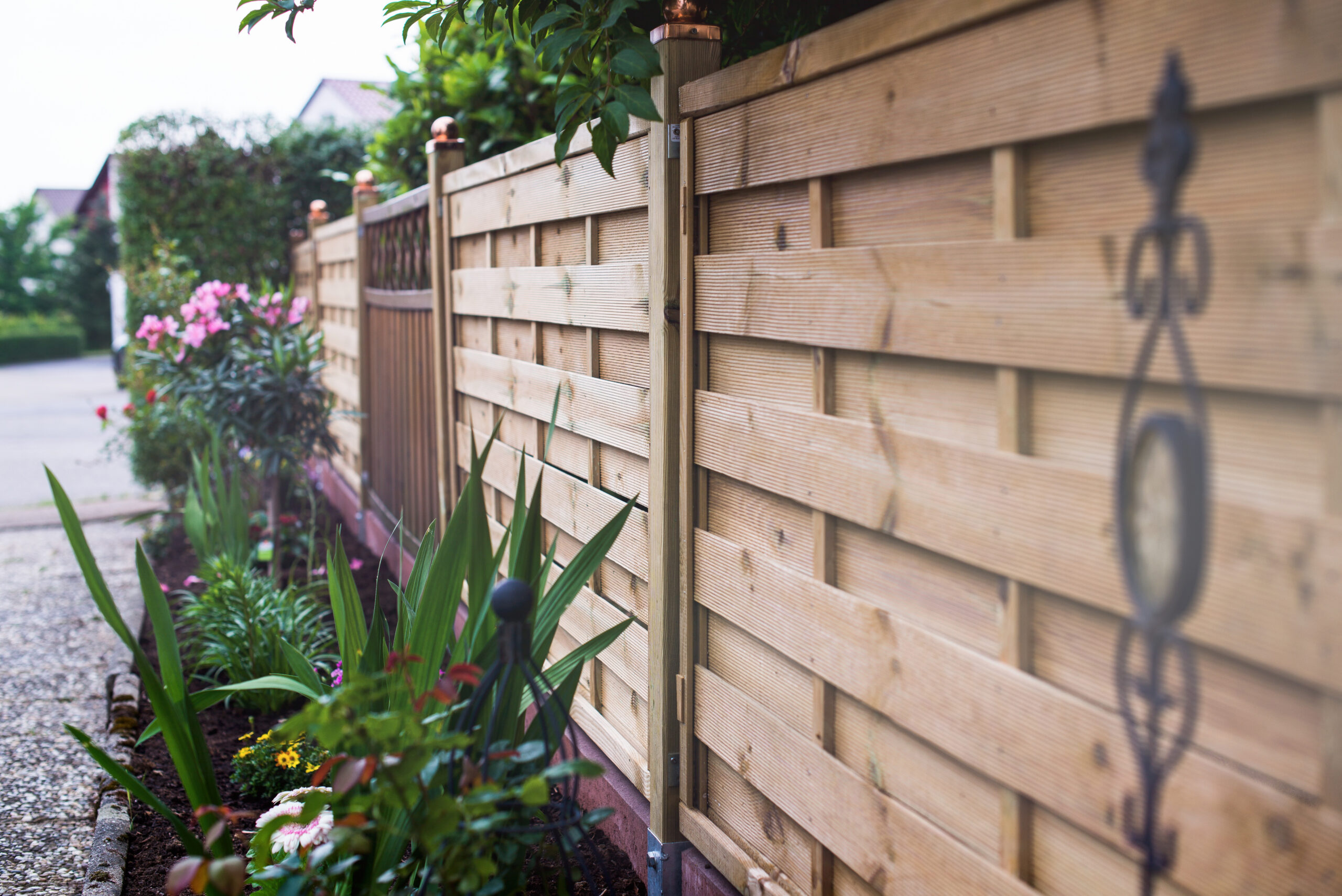 A close-up of a wooden fence beside a garden with various green plants and colorful flowers, lining a walkway in a residential area.