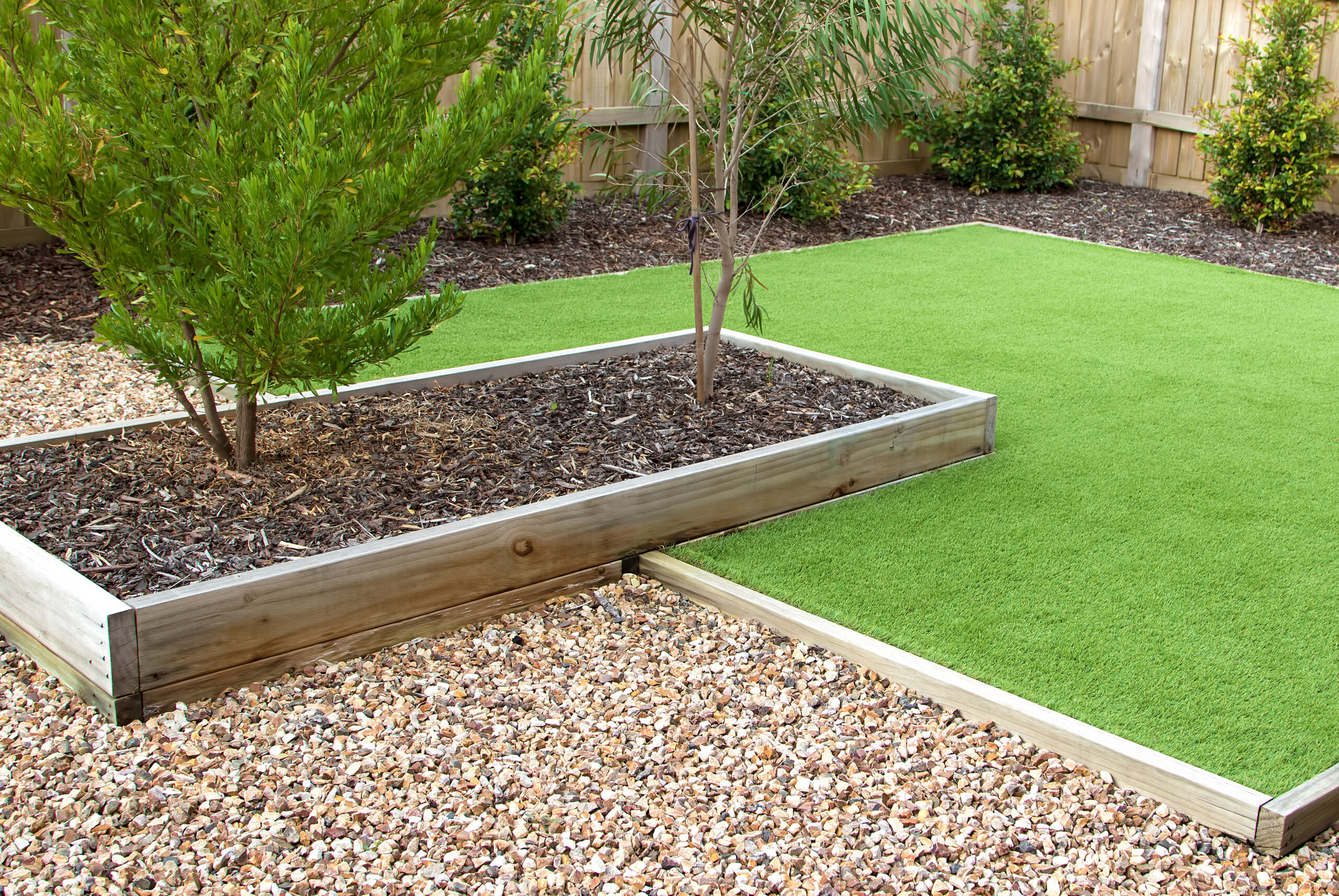 A backyard garden features a section of artificial turf bordered by wooden planks, a mulched garden bed with small trees, and an area covered with decorative gravel, all enclosed by a wooden fence.