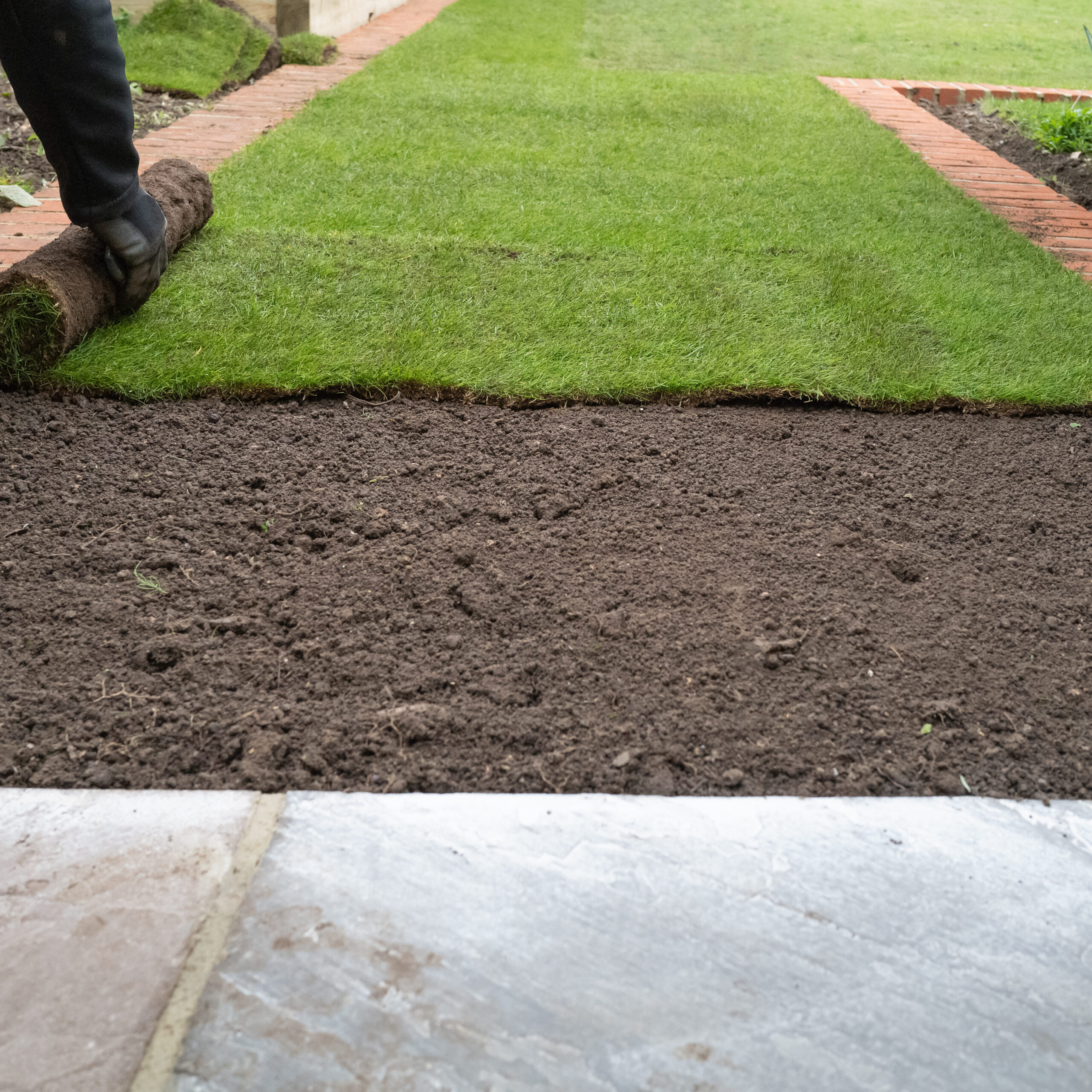 A person is unrolling fresh sod onto a prepared patch of soil in a garden, creating a new lawn between brick-edged paths.